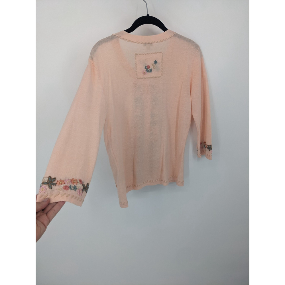 J Jill Sweater Womens Small Pink Floral Embroidered Linen Blend Cardigan Cottage - Picture 2 of 12